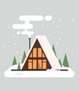 Vector flat illustration with white snowy winter Christmas landscape and country house in the snowing woods Royalty Free Stock Photo