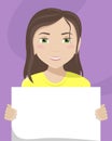 Vector flat illustration of a white woman with a placard in her hands. Racial diversity