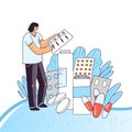 Vector flat illustration of woman character doing check up for a medical drugs, pill, capsules with vital elements for
