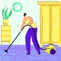 Vector flat illustration woman, housewife, who cleans house, vacuums carpet
