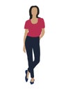 Vector flat illustration of woman in jeans and red t-shirt isolated on white background Royalty Free Stock Photo