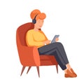 Vector flat illustration of a woman sitting in a chair with a mobile phone in warm colors. Freelance business correspondence Royalty Free Stock Photo