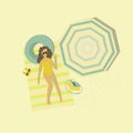 Women laying on blanket at summer resort. Inflatable ring, umbrella, bag. Vector flat illustration.