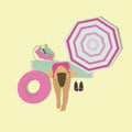 Women sitting on blanket at summer resort. Inflatable ring, umbrella, bag. Vector flat illustration.