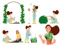 Vector flat illustration of a working woman in the garden. Royalty Free Stock Photo