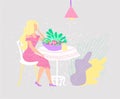 Vector flat illustration young attractive woman eating salad. Concept healthy food, diet, raw, organic food Royalty Free Stock Photo