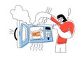 Vector flat illustration young happy man who takes ready made chicken out of microwave.