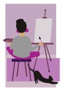 Vector flat illustration. Young Talented Woman Artist painting on Canvas at home with black cat. Royalty Free Stock Photo