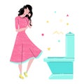 Vector flat illustration young woman who may have intestinal disorder, nausea, vomiting, diarrhea, toxicosis.