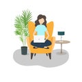 Vector flat illustration of young working woman on arm chair with laptop or computer in home.