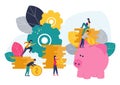 Vector flat illustrations, big piggy bank on white background, financial services, bankers do the work, hoard or save money