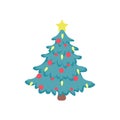 Vector flat image of a Christmas tree with red balloons and a bright yellow star on top on a white background Royalty Free Stock Photo
