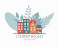 Vector flat image with colorful bright houses and plants on a white background with an inscription at the bottom Royalty Free Stock Photo