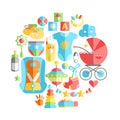 Vector flat infancy round illustration. Baby infancy products. T