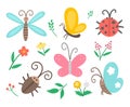 Vector flat insect and first flower icons pack. Funny spring garden collection. Cute ladybug, butterfly, beetle, dandelion Royalty Free Stock Photo