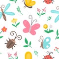 Vector flat insect and first flower seamless pattern. Funny spring garden repeating background. Cute ladybug, butterfly, beetle, Royalty Free Stock Photo