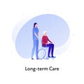 Vector flat insurance banner template illustration. Long-term care senior insurance concept. Nurse with female in wheelchair on Royalty Free Stock Photo