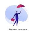 Vector flat insurance business color illustration. Bank, deal protection concept. Businessman, suitcase and umbrella isolated on