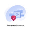 Vector flat insurance business color illustration. Bank, investment protection concept. Bank safe with money and shield isolated