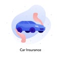 Vector flat insurance business color illustration. Car accident protection concept. Hands holding vehicle isolated on white Royalty Free Stock Photo