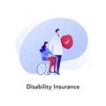 Vector flat insurance business color illustration. Disability protection concept. Doctor holding shield and woman in wheelchair