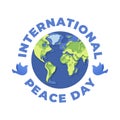 Vector flat international peace day banner template. Paper cut earth map circle frame with shadow. Text and dove sign isolated on Royalty Free Stock Photo