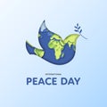 Vector flat international peace day banner template. Paper cut pigeon and earth map with shadow. Dove hold olive leaf illustration Royalty Free Stock Photo