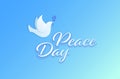 Vector flat international peace day horizontal banner template. Gradient illustration with text, pigeon hold leaf on blue fluid Royalty Free Stock Photo
