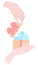 Vector flat isolated illustration hands opening gift box with skin care products.