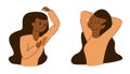 Vector flat isolated illustration of woman with and without hyperhidrosis.