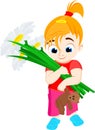 Vector flat kid girl with bear toy and flowers Royalty Free Stock Photo