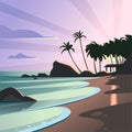 Vector flat landscape illustration of wild nature summer sunset on beach view with sky, sea coast, ocean, palm trees. Royalty Free Stock Photo