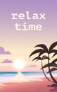 Vector flat landscape illustration of wild nature summer sunset on beach view with sky, sea coast, ocean, palm trees. Royalty Free Stock Photo