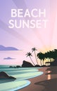 Vector flat landscape illustration of wild nature summer sunset on beach view with sky, sea coast, ocean, palm trees. Royalty Free Stock Photo