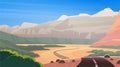 Vector flat landscape illustration of wild west desert & mountain canyon nature view with clean blue sky. Royalty Free Stock Photo