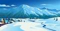 Vector flat landscape illustration of winter nature view: snowy hills, sky, mountains, river, cozy houses. Royalty Free Stock Photo