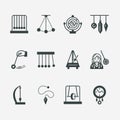 Vector flat line icon of pendulum types. Newton cradle, metronome, table pendulum, perpetuum mobile, gyroscope. Linear Royalty Free Stock Photo