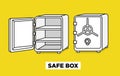 Vector flat line safe boxes open and closed, locked with code lock, empty safe box. Hand drawn illustration. Isometric