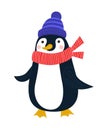 Vector flat llustration for greeting cards, postcards, icon, logo or badge. Holiday celebration card with cute penguin in winter