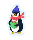 Vector flat llustration for sticker, greeting cards, postcards, icon, logo or badge. Holiday celebration card with cute penguin in