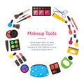 Vector Flat Make Up Tools Banner Card Circle Cosmetics, Mascara and Brushes on white background Illustration