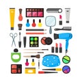 Vector Flat Make Up Tools Icon Set. Cosmetics, Mascara and Brushes on white background Illustration