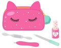 Vector flat manicure tools set and a cute pink case with eyelashes and ears. Female pedicure bag