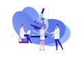 Vector flat medical science character illustration. Scientist team with microscope and laptop. Concept of chemistry, physics,