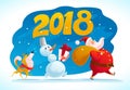 Vector flat merry christmas illustration with dog, snowman, santa walking isolated with christmas presents. Royalty Free Stock Photo