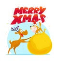 Vector flat merry christmas illustration with happy dog in santa hat, deer, big bag with presents and gift boxes isolated. Royalty Free Stock Photo