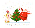 Vector flat merry christmas illustration with happy santa and dog in santa hat decorating new year fir tree on white back Royalty Free Stock Photo