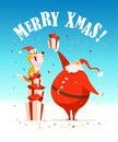 Vector flat merry christmas illustration with happy santa and dog in santa hat sitting on gift boxes on blue background.