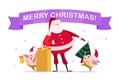 Vector flat Merry Christmas illustration with Santa Claus, cute pig elf with bell, carry decorated New year fir tree, xmas holiday