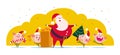 Vector flat Merry Christmas illustration: Santa Claus, cute pig elf with decorated New year fir tree, bells, candy lollipop isolat